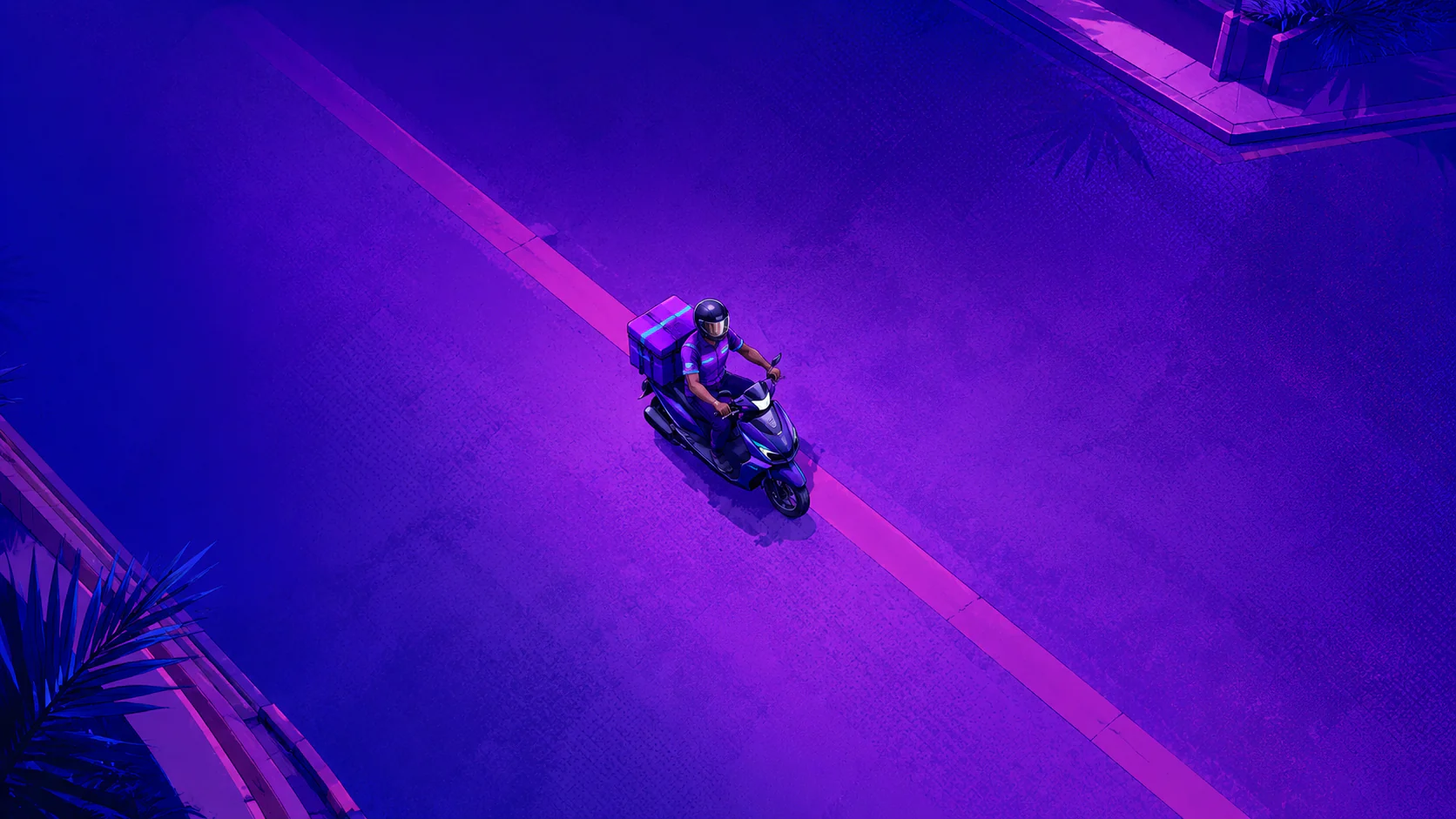 Vue aérienne d'un coursier Rapidy à scooter, caisse de livraison à l'arrière, remontant une avenue de Dakar au crépuscule.