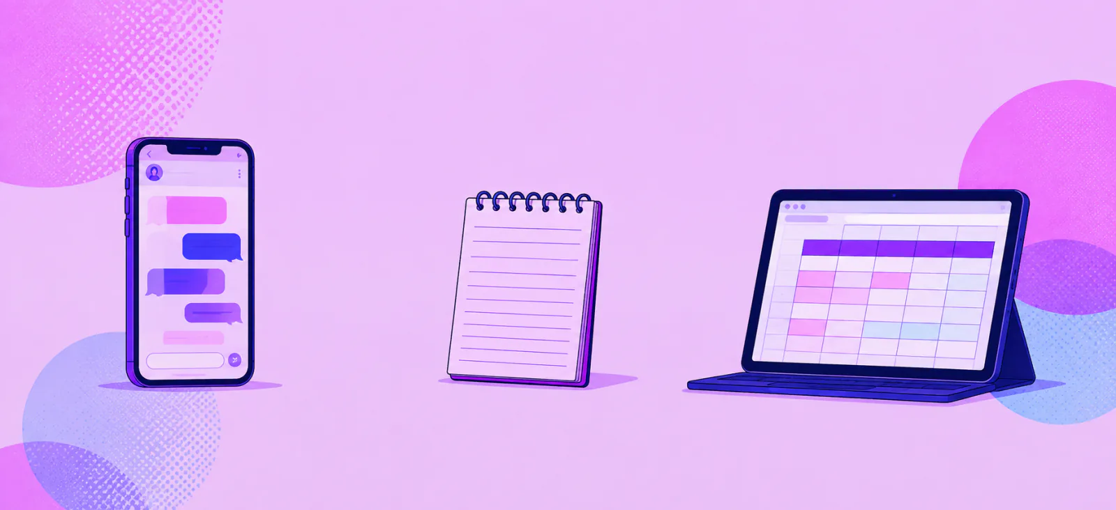 Une conversation de messagerie, un carnet à spirale et un tableur posés côte à côte, sans aucun lien entre eux.