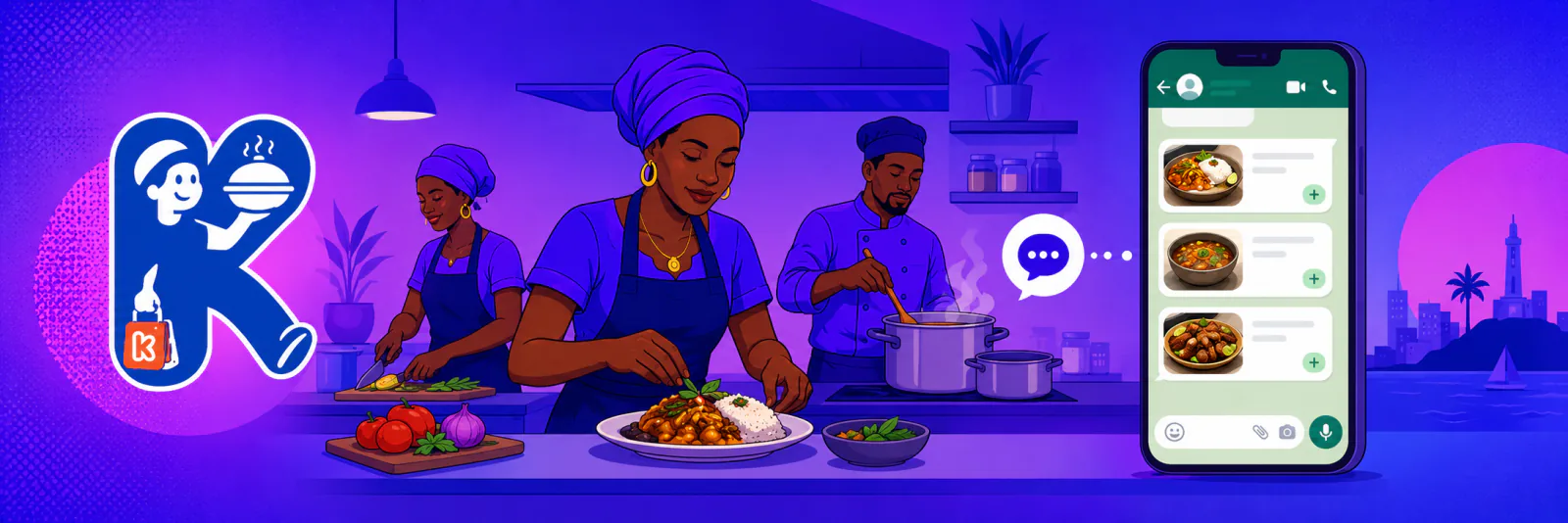 Une cuisine de restaurant dakarois en plein service, à côté d'une conversation WhatsApp où défilent les plats commandés.