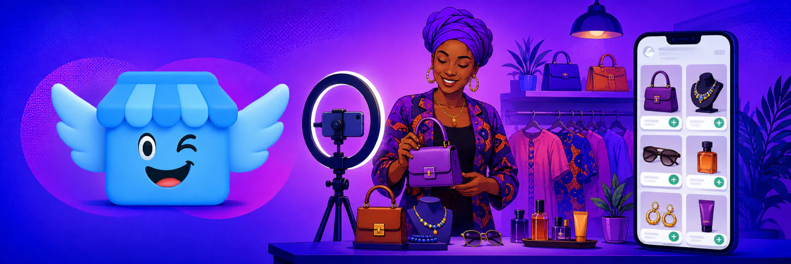Une vendeuse indépendante présente ses sacs et bijoux devant un anneau lumineux, sa boutique affichée en grille sur un téléphone.