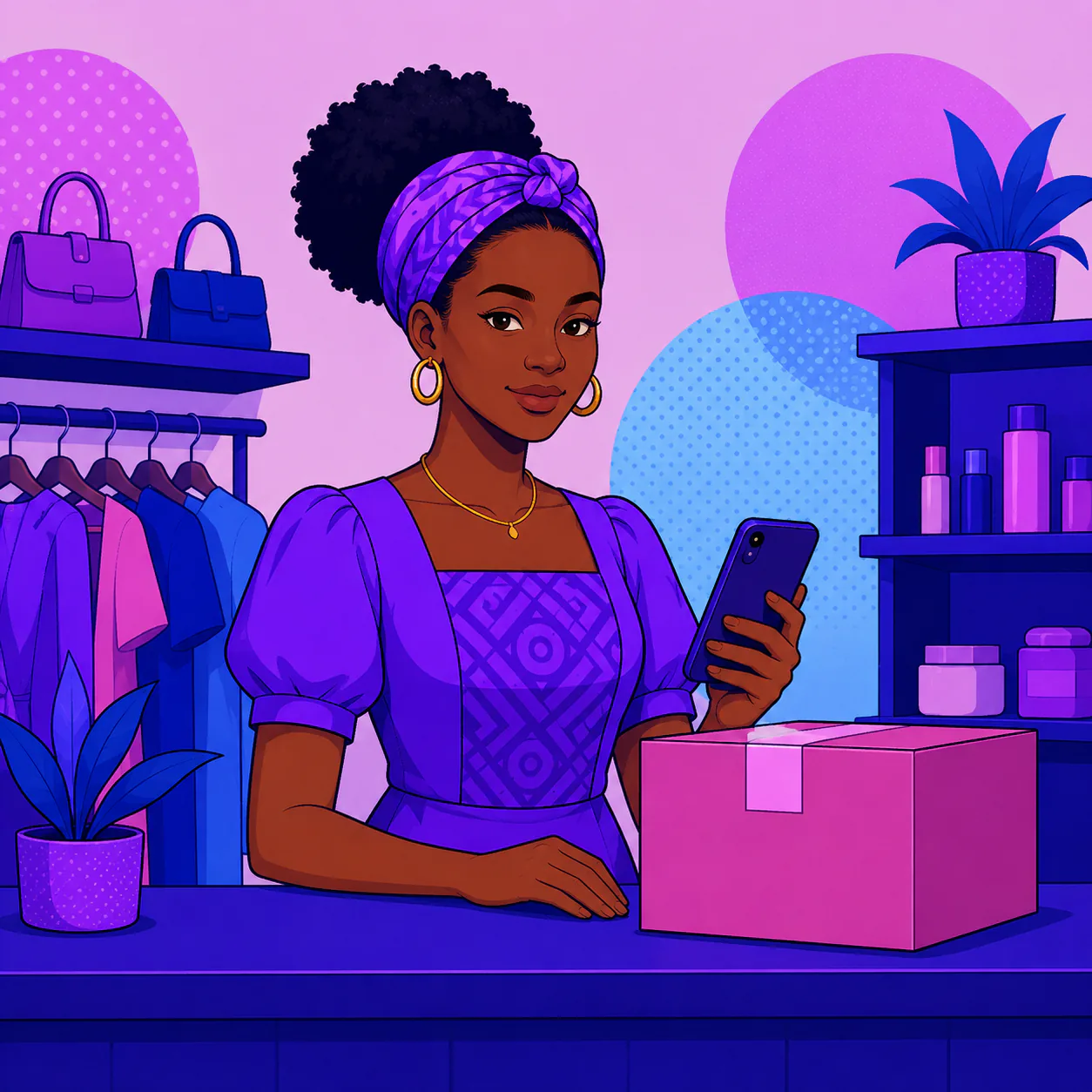 Une commerçante derrière le comptoir de sa boutique de prêt-à-porter, téléphone en main, un colis prêt à partir devant elle.