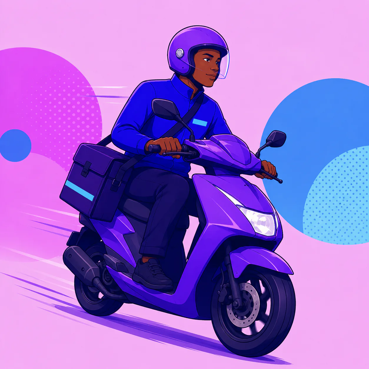 Un coursier en veste bleue roule à scooter, sacoche de livraison arrimée à l'arrière.