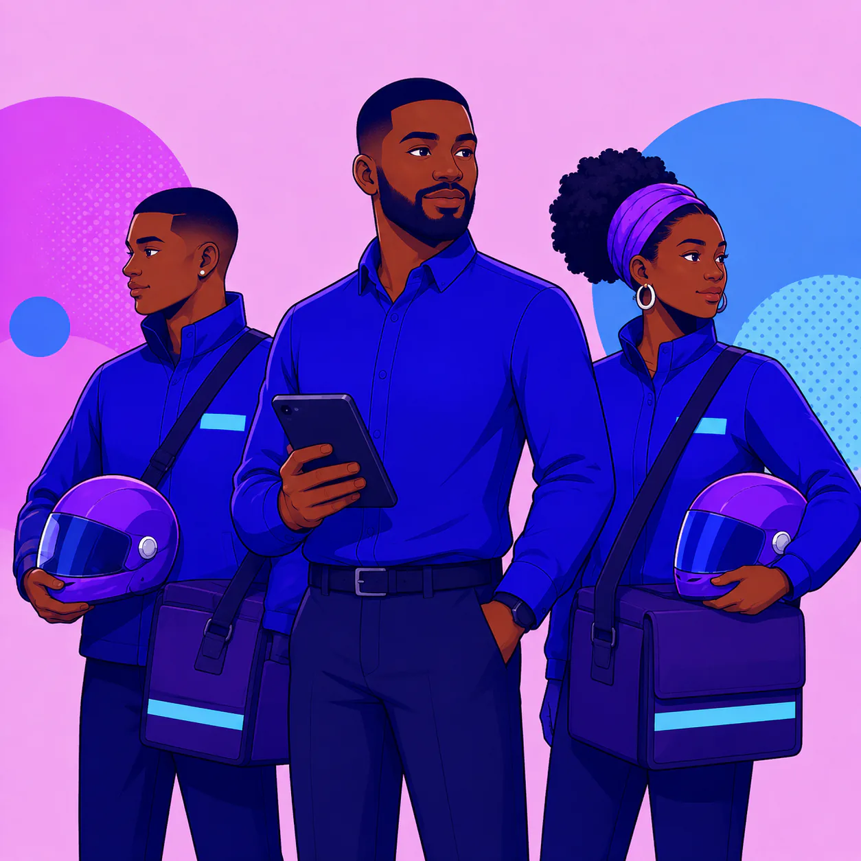 Un gérant, tablette en main, entouré de deux coursiers de son équipe, casque sous le bras.