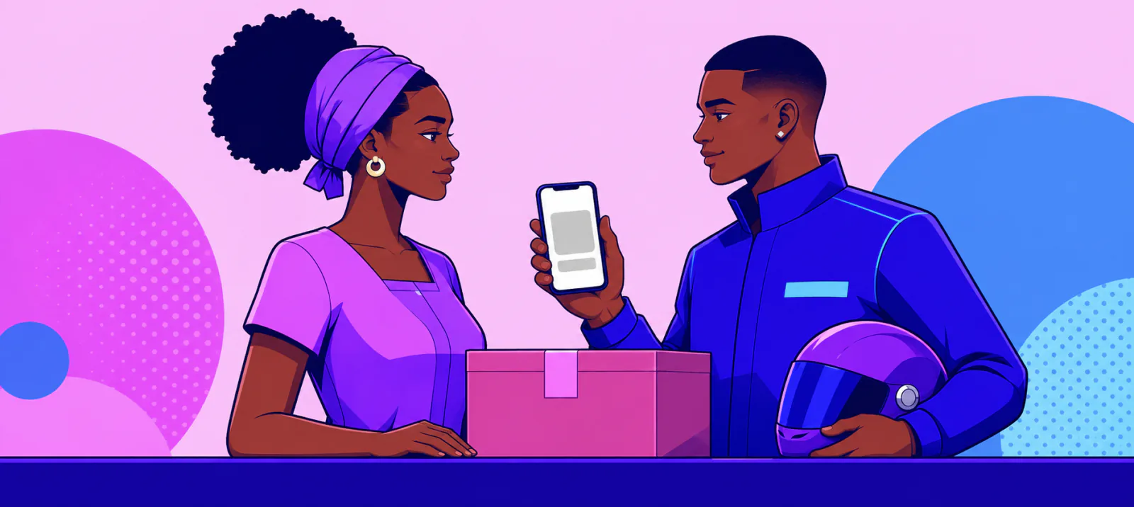 Une vendeuse et un coursier consultent ensemble le prix de la course sur un téléphone, un colis fermé posé entre eux.