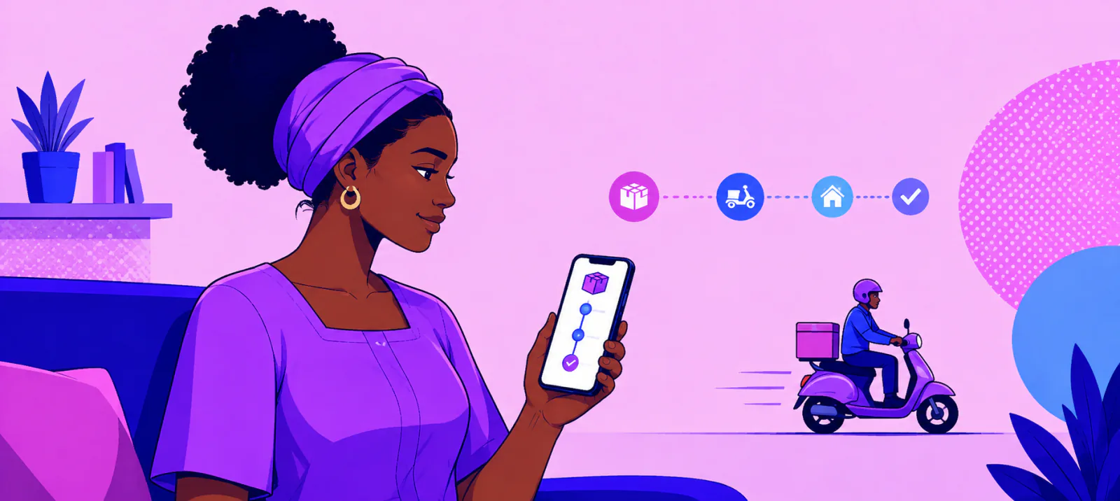 Une cliente installée chez elle suit l'avancement de son colis sur son téléphone, pendant que le coursier roule vers elle.