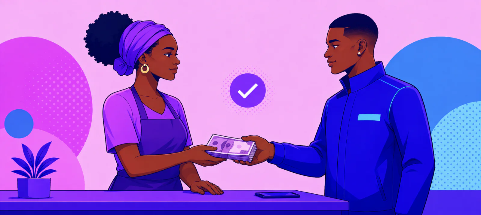 Un coursier remet à la vendeuse les billets encaissés chez le client, l'opération marquée comme validée.
