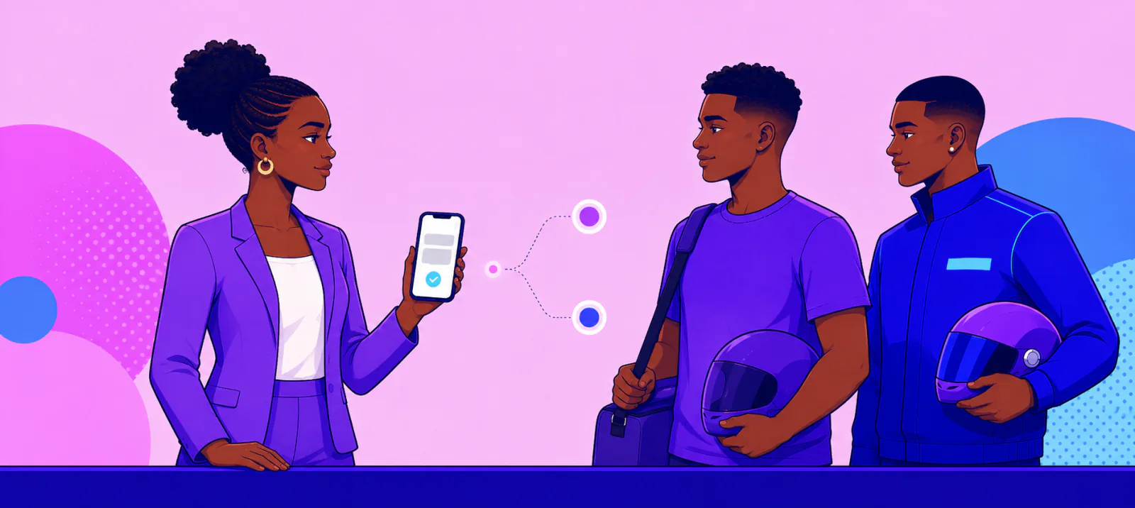 Une gérante montre une course sur son téléphone à deux coursiers, casque à la main, qui utilisent la même application.